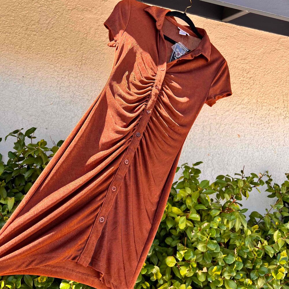 Just Polly Dress NWT Slinky Ruched Button Down Burnt Orange Brown Size Small - Picture 4 of 8